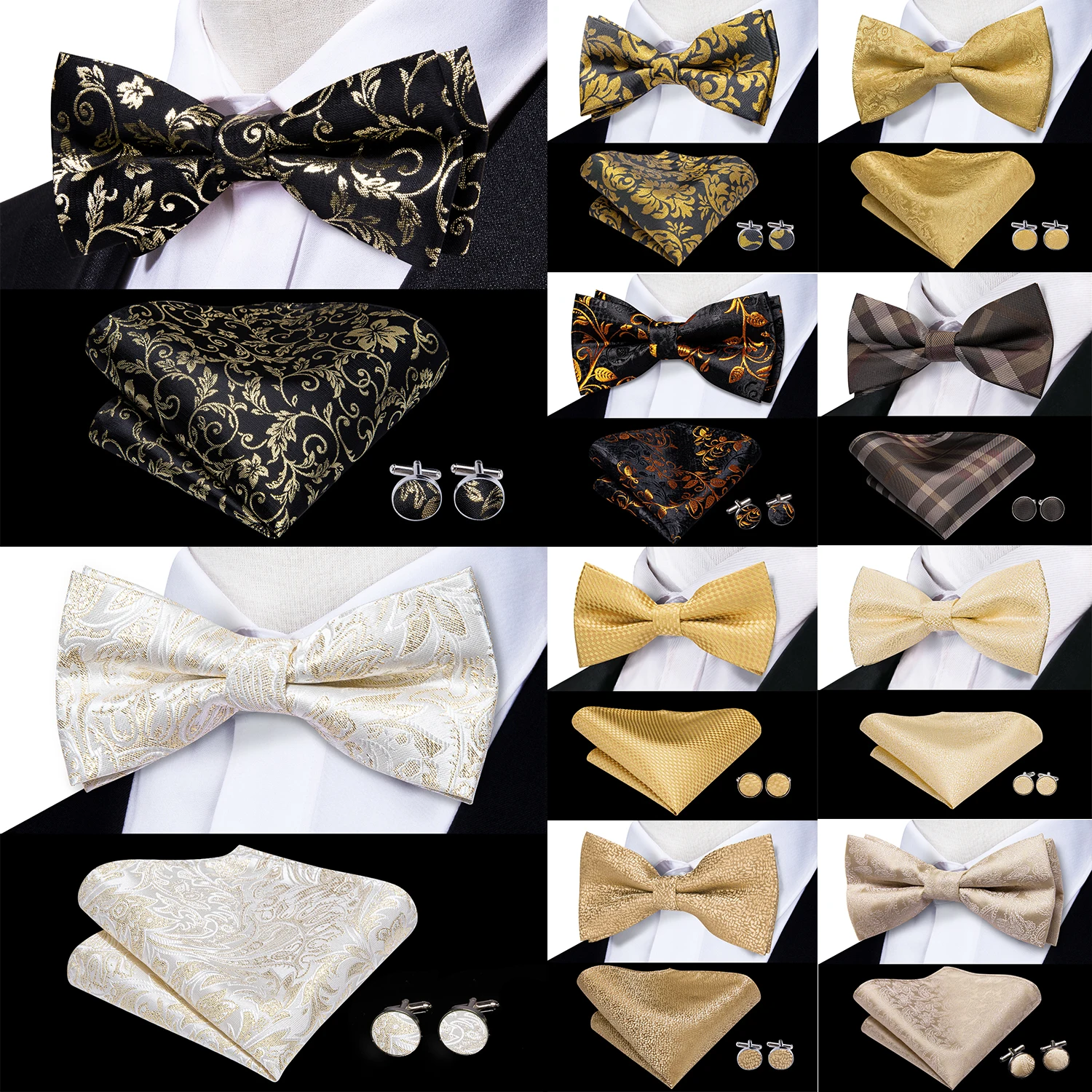 Beige Champagner-Gold Herren-Fliege, Einstecktuch und Manschettenknöpfe Set, Jacquard Blumenmuster, Vorgebundene Schmetterlingsfliege für Herren, Hochzeit, Seide, Business
