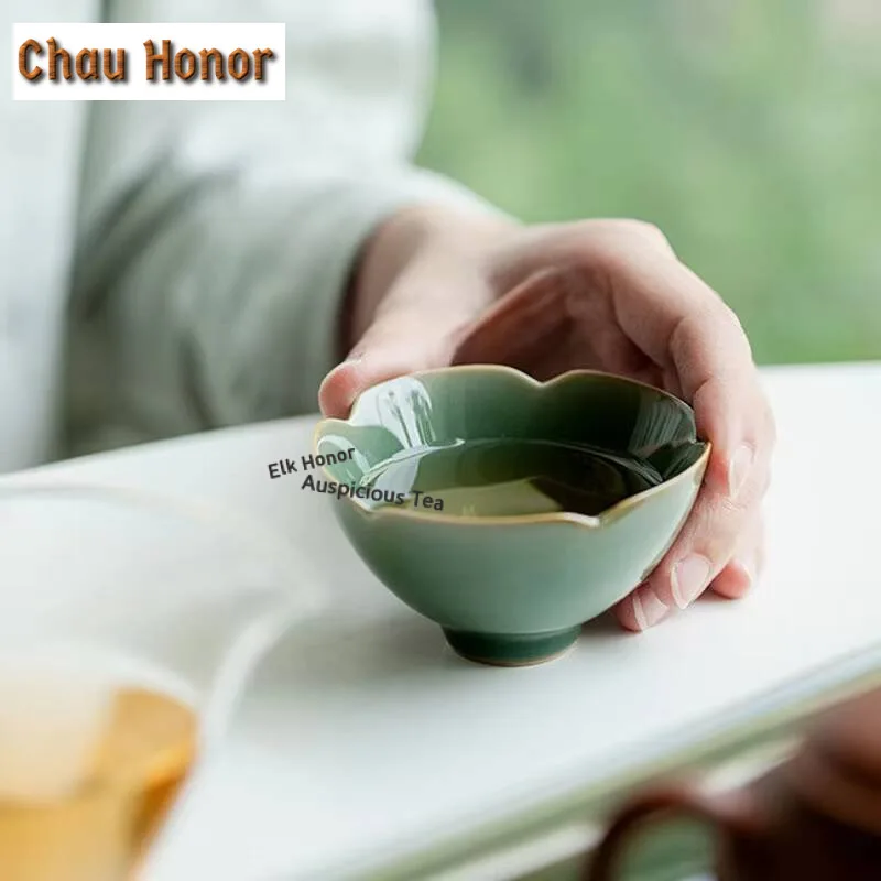 2pc/Set Boutique Yue Kiln Celadon Tea Cup Sunflower Mouth Ceramic Tea Bowl Puer Master Cup Kung Fu Dahongpao Tea Set Gifts 65ml