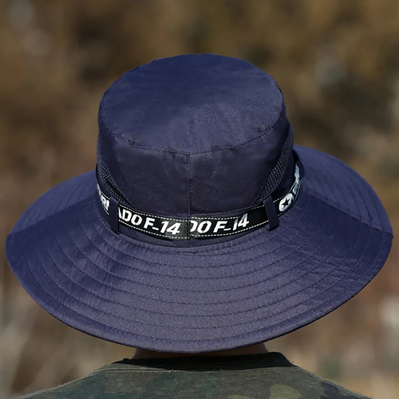 Wind dichte Männer Outdoor-Hut breite Krempe flache Spitze Männer Camping Hut Brief druck Anti-UV-Riemen aushöhlen Männer Fischer Hut Kopf bedeckung – Detail 16