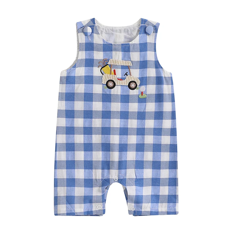 Newborn Baby Boys Girls Easter Jumpsuit Lovely Sleeveless Crewneck Egg Bunny Embroidery Plaid Tank Rompers for Toddlers 4