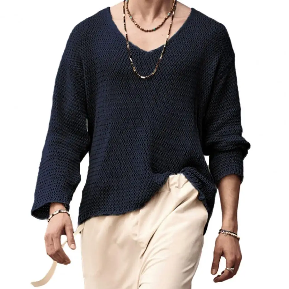

Spring Men Pullover Sweater V-Neck Long Sleeve Knitted Tops Hollow Out Loose Knitwear camisas de hombre