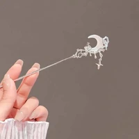 Vintage Moonstone Star Moon Hair Sticks for Women Chinese Style Cross Tassel Hairpin Disk Hair Chopsticks Hair Accessories 5
