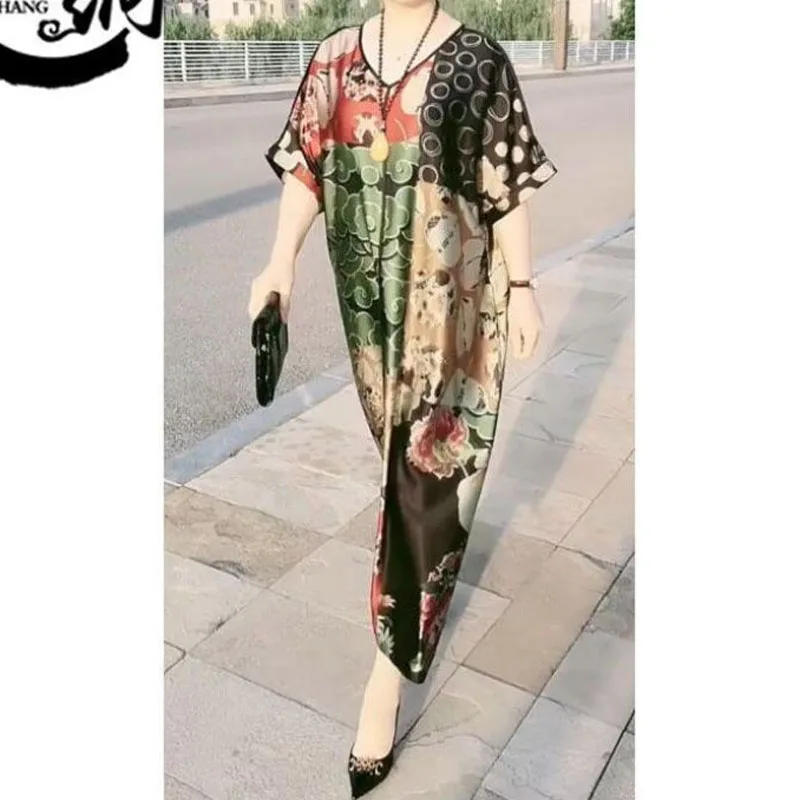 

2024 Printed Crew Neck New Summer Short Sleeve Spliced High End Loose Appear Thin Elegant Fashion Women's Commuter Dresses