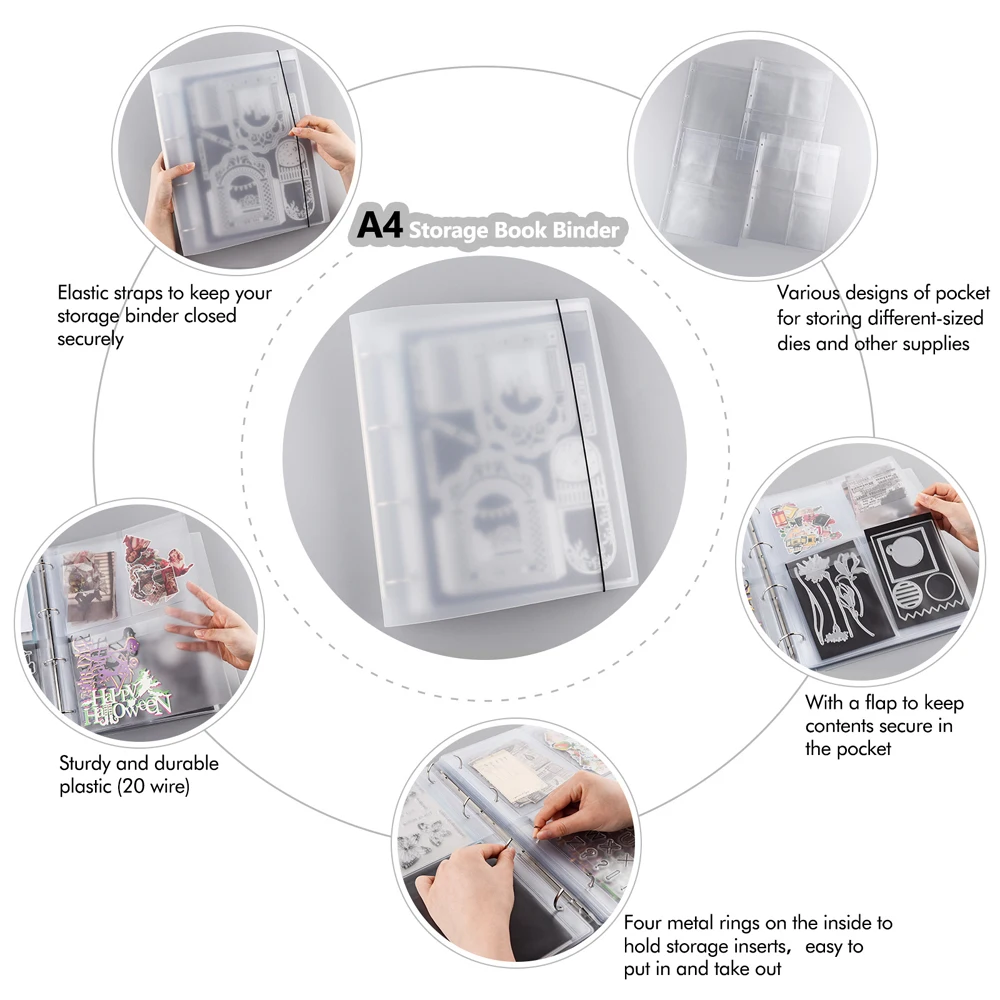 A4 Storage Book Binder Cover Scrapbook Dies and Stamp Storage Folder Page Protectors Pockets Inserts Organizer Collection Album
