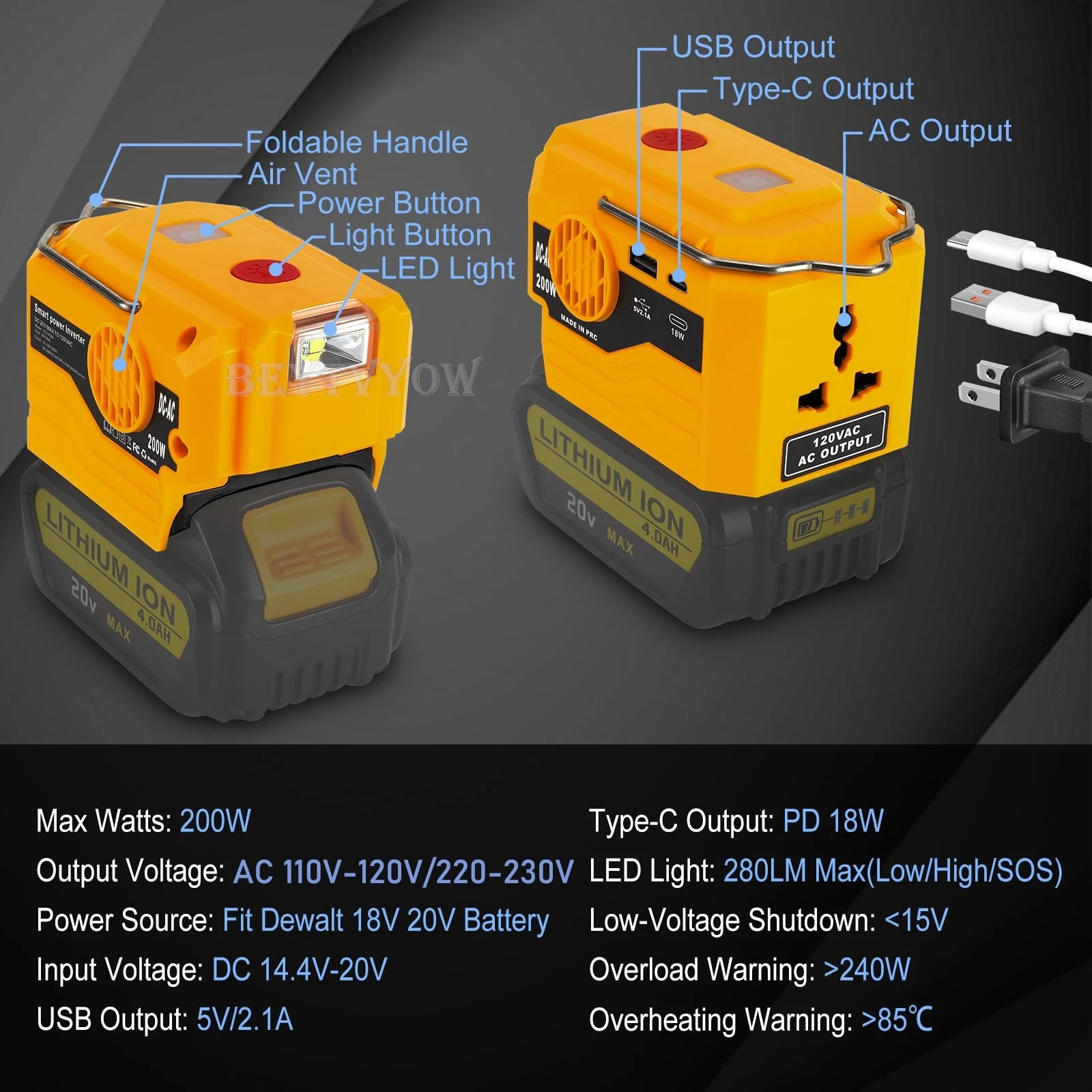 DC 20V to AC 110/220-230V Power Inverter Compatible with Dewalt 20V Max Battery