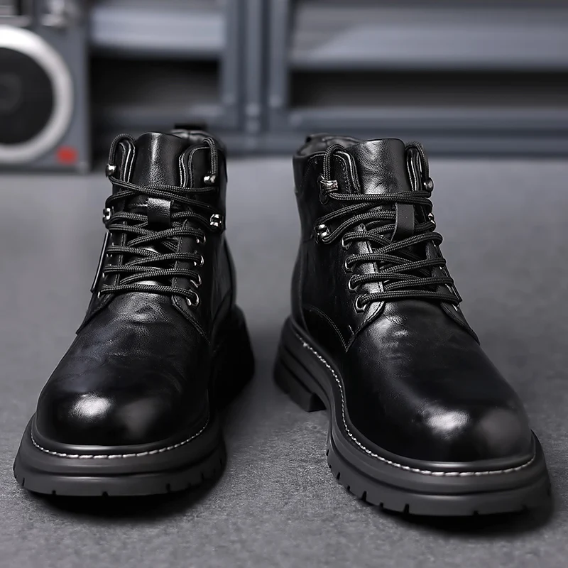 Autumn Winter New Men's Genuine Leather Boots High Top Work Suit Boots Cool Knight Motorcycle Boots Men's Business Short Boots