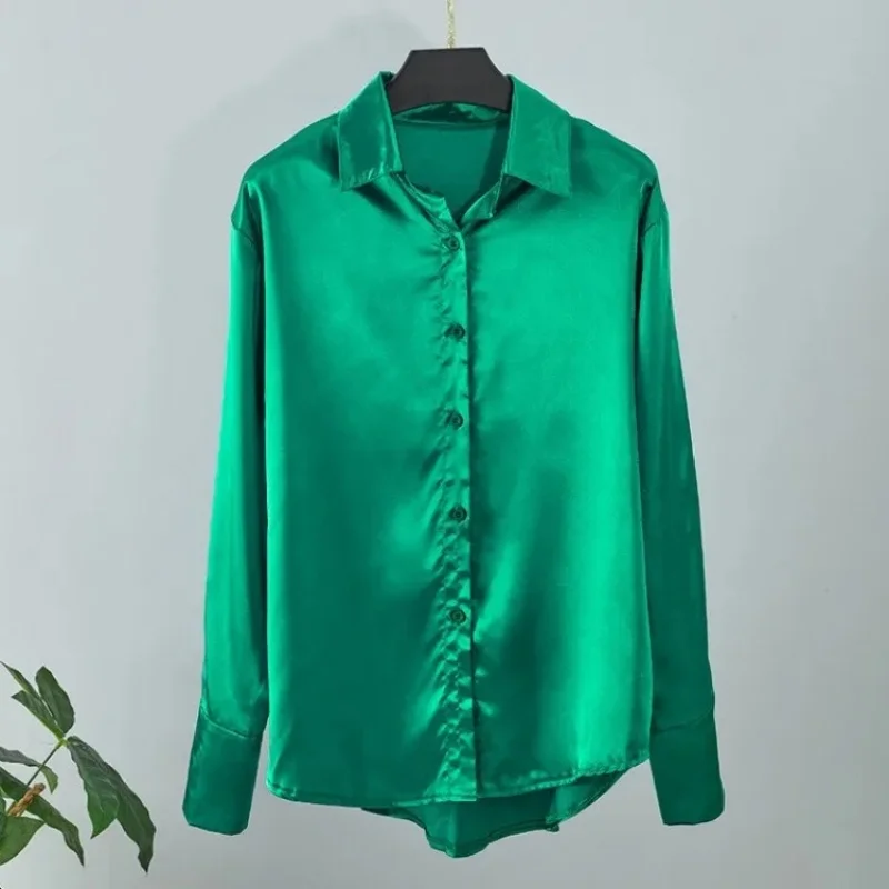 Silk Long Sleeve Women Shirt Casual Loose Button Up Blouse