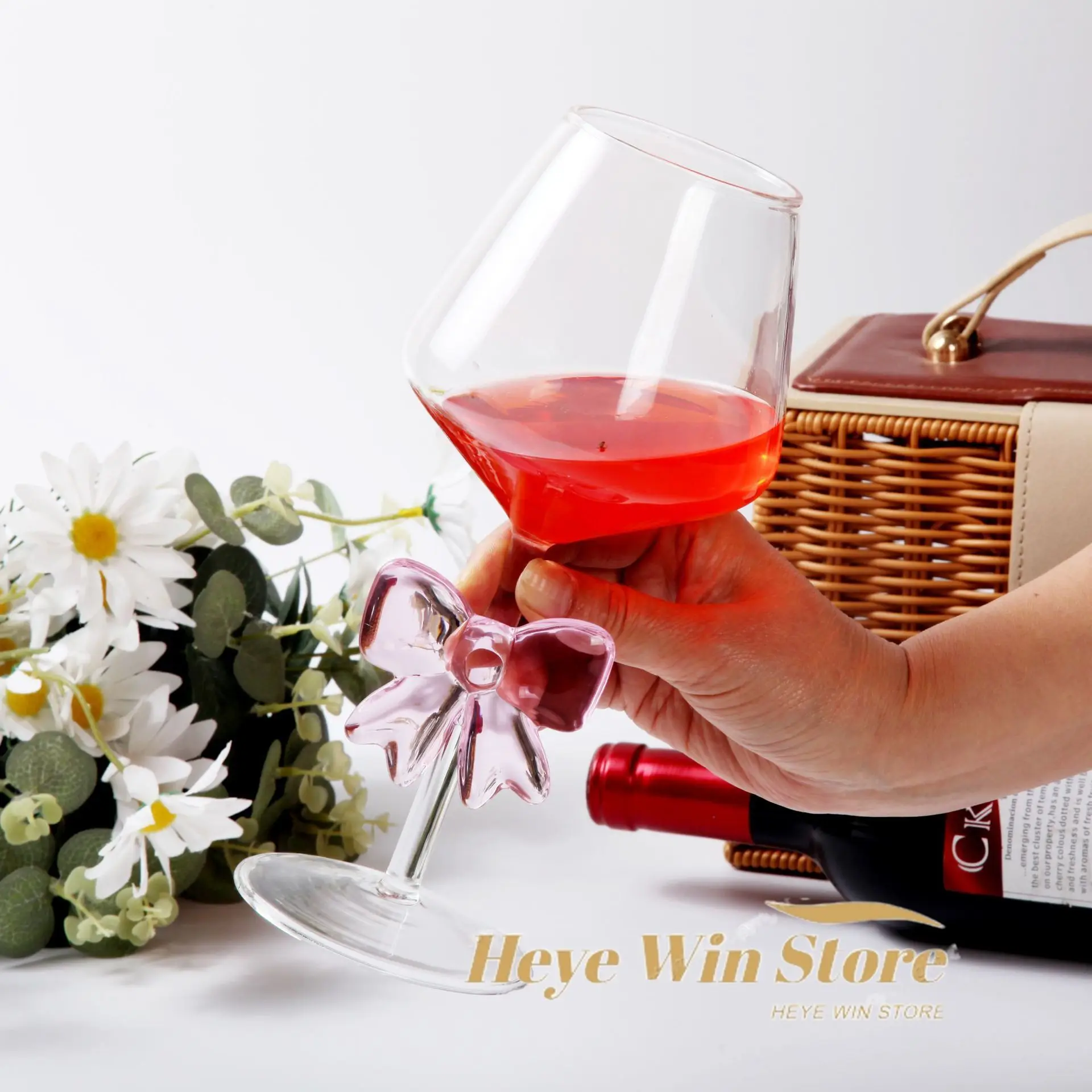 Pink Bow Ceative Large Capacity Red Wine Glasses Cup with Stem Glass Goblet Cup for Wedding Party Girls