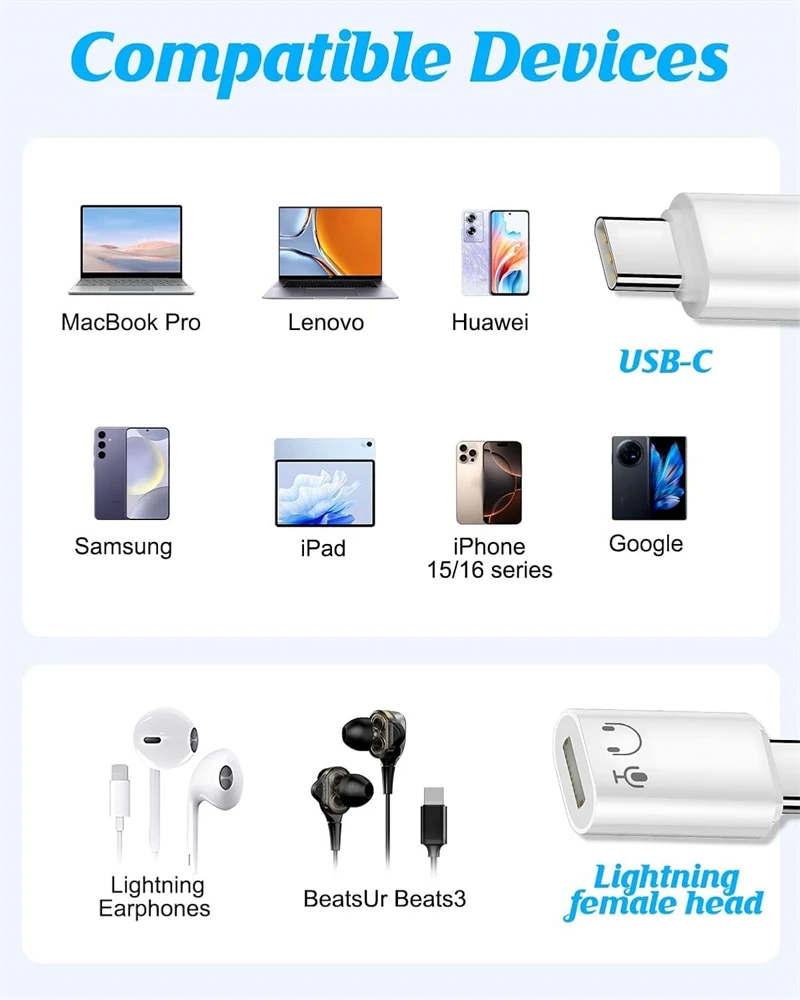 Premium Lightning to Type C Audio Adapter for Headphones and Aux Connection