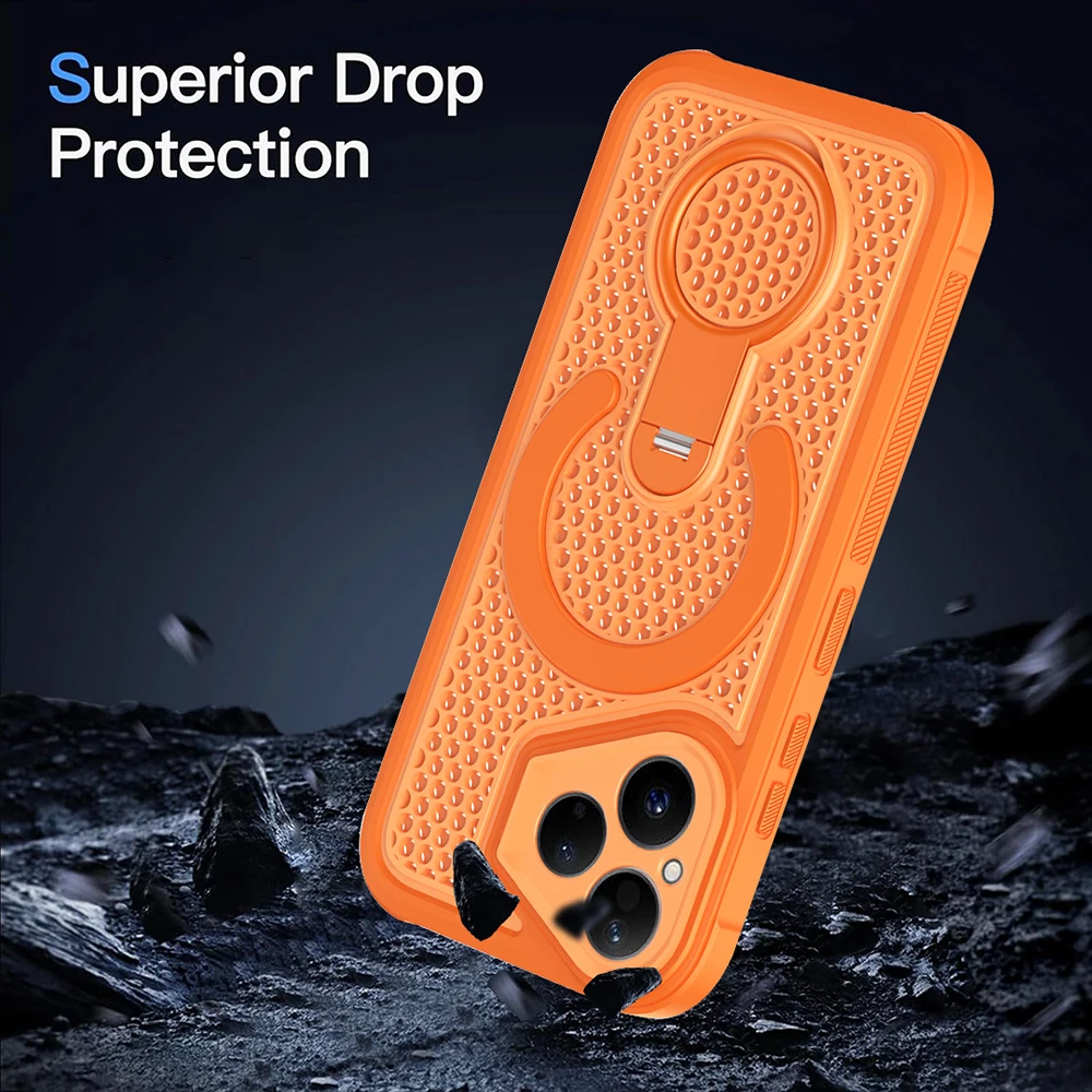 Magnetic Mesh Heat Dissipation Case with 360° Rotating Ring Holder and Magsafe Compatibility