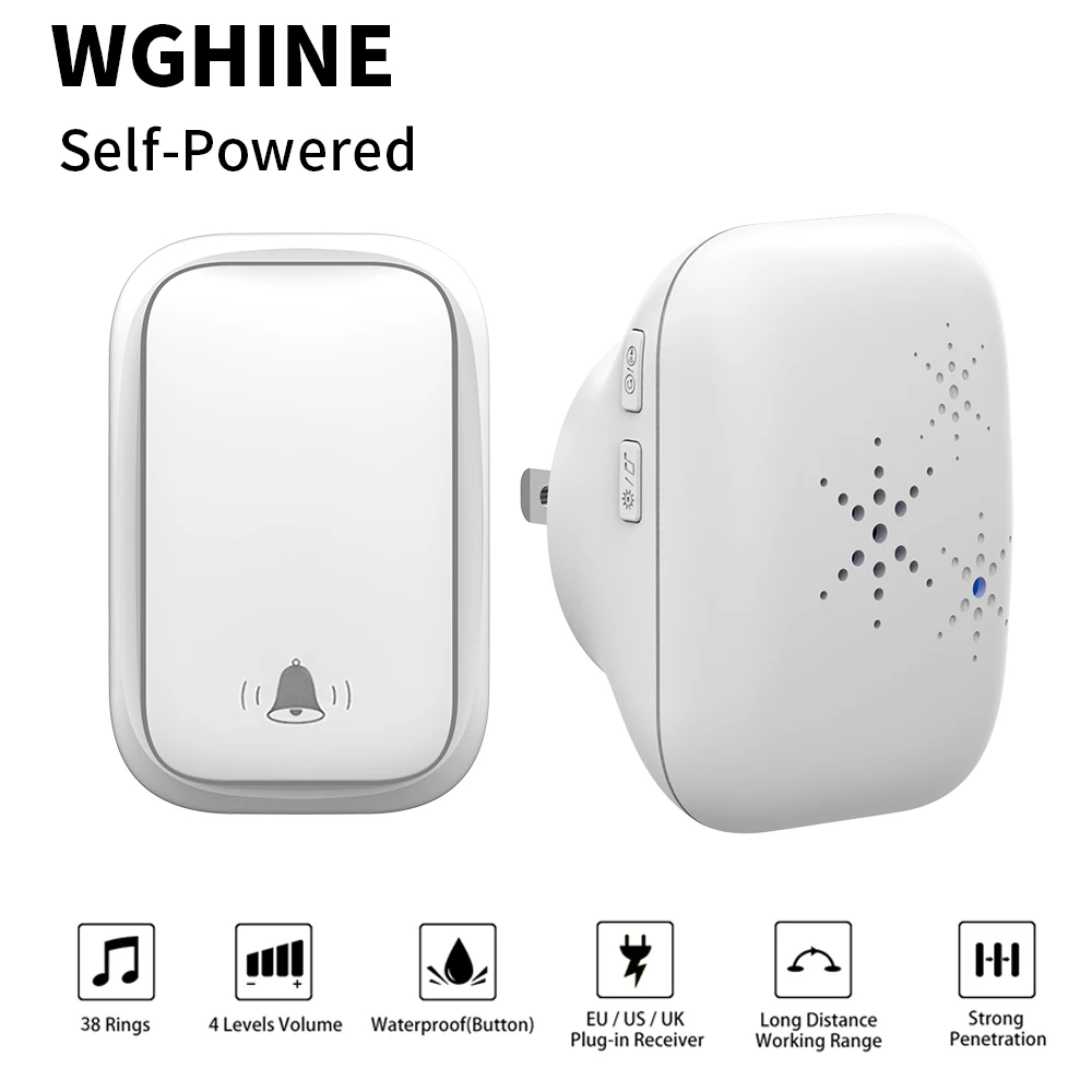Wireless Doorbell WGHINE Outdoor Wireless Doorbell Battery free Waterproof Doorbell Smart Home Welcome Safety Alarm