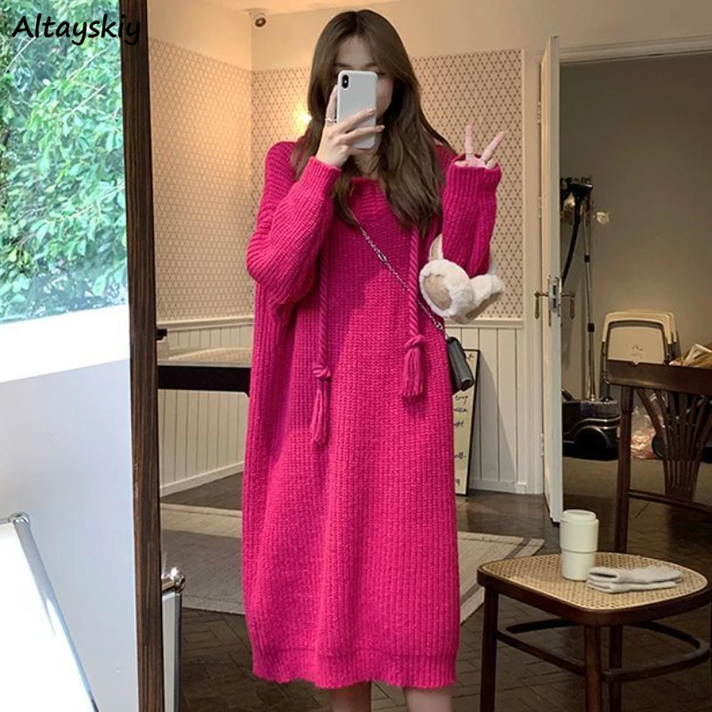 

Autumn Winter Hooded Dresses for Women Long Sleeve Y2k Knitted Casual Baggy Fashion Young Midi Vintage Sweet Teens Simple Chic