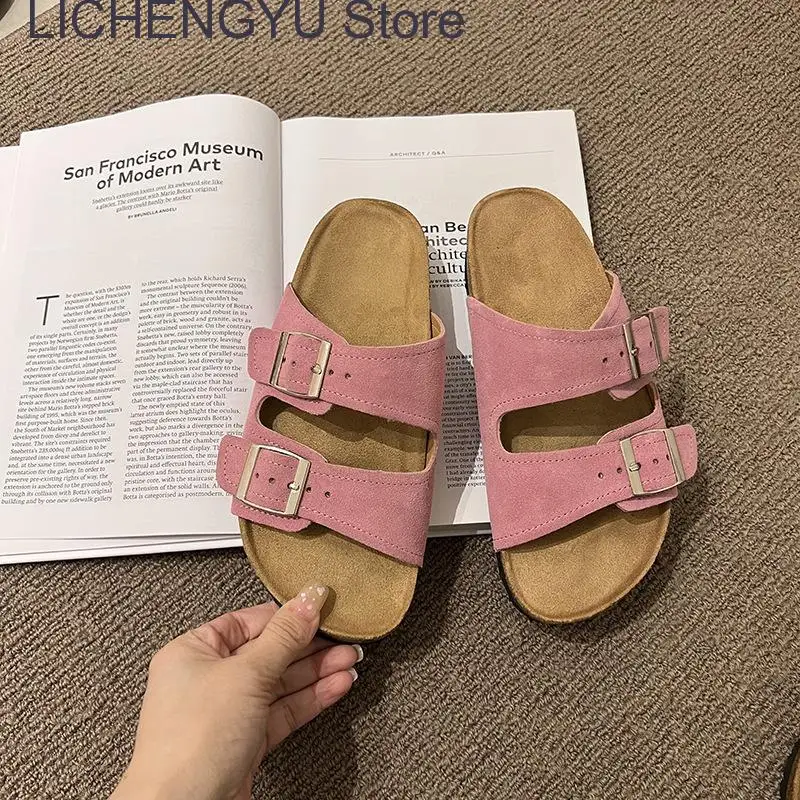 New Summer Women Cork Slipper Casual Beach Double Buckle Non-slip Outside Slip on Slides Shoe