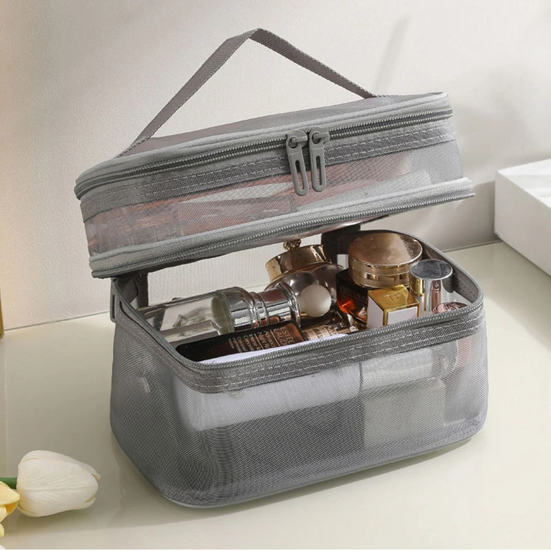 

New Mesh Makeup Bag Large Capacity Travel Simple Portable Wash Bag Double Layer Portable Cosmetic Storage Bag