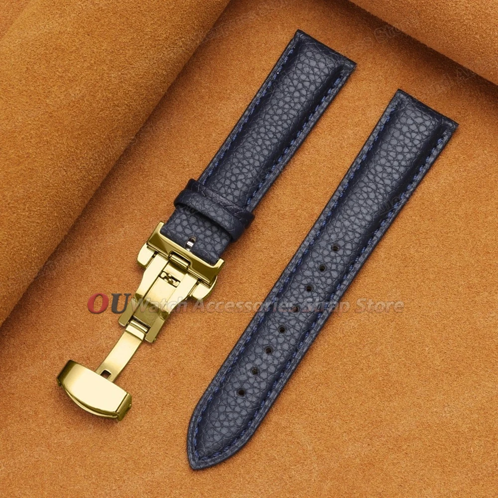 Premium Calfskin Litchi Grain Leather Watch Strap with Butterfly Buckle