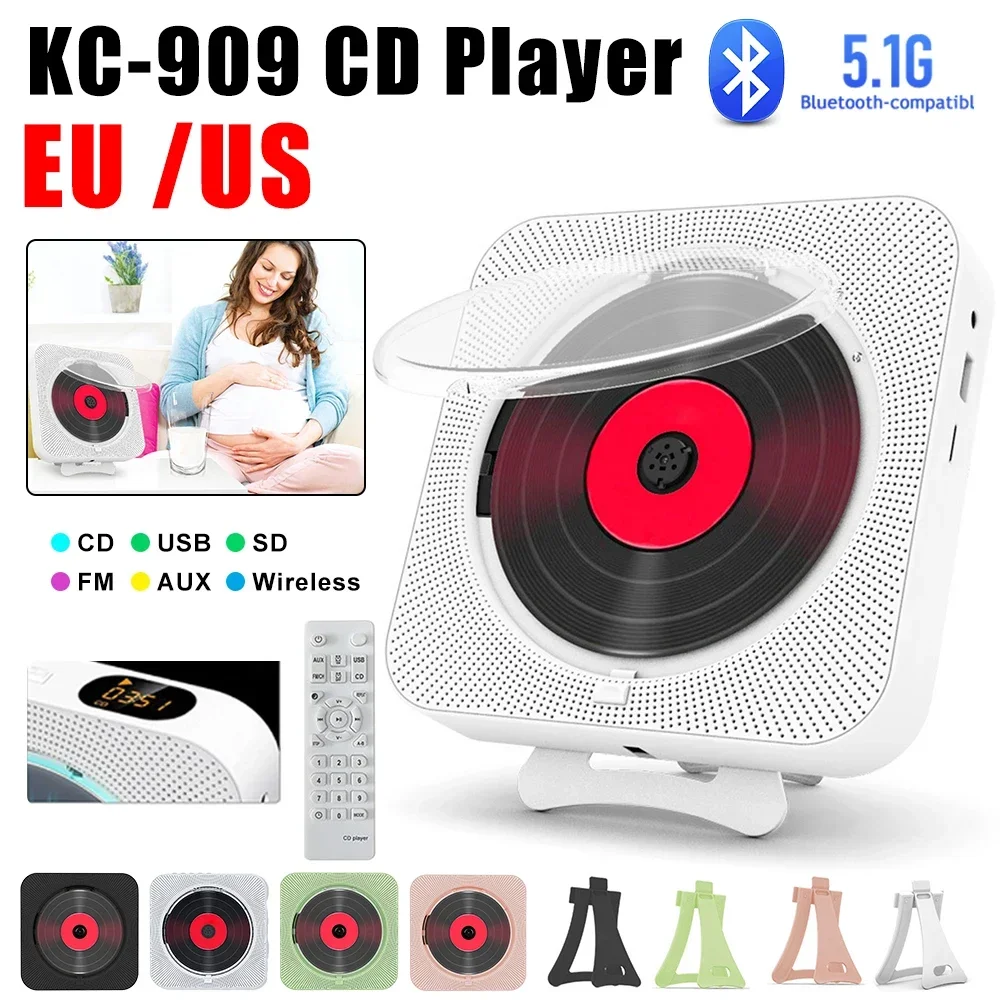 휴대용 벽걸이 CD 멀티미디어 플레이어, 블루투스 호환 5.1, 3.5mm 음악 플레이어, FM 라디오, 적외선 무선 리모컨