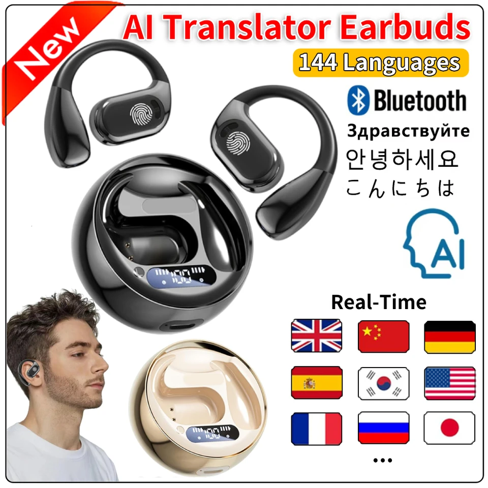 Auricolari per Traduttore di Lingue, Traduttore in 144 Lingue, Auricolare Senza Fili per Traduttore in Tempo Reale per Viaggi di Lavoro, Musica, Chiamate, Giochi e Anche (Bianco
