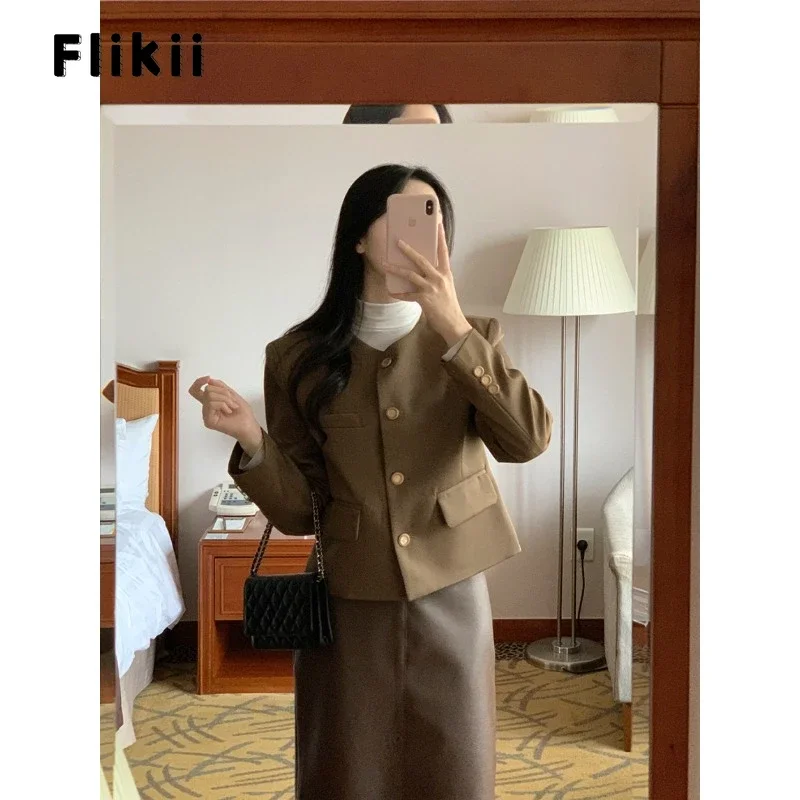 

2023 Winter Luxury Style Single Breasted Round Neck Jacket For Women Casual Fashion Slim Fit Elegant Office Lady Chic Coat