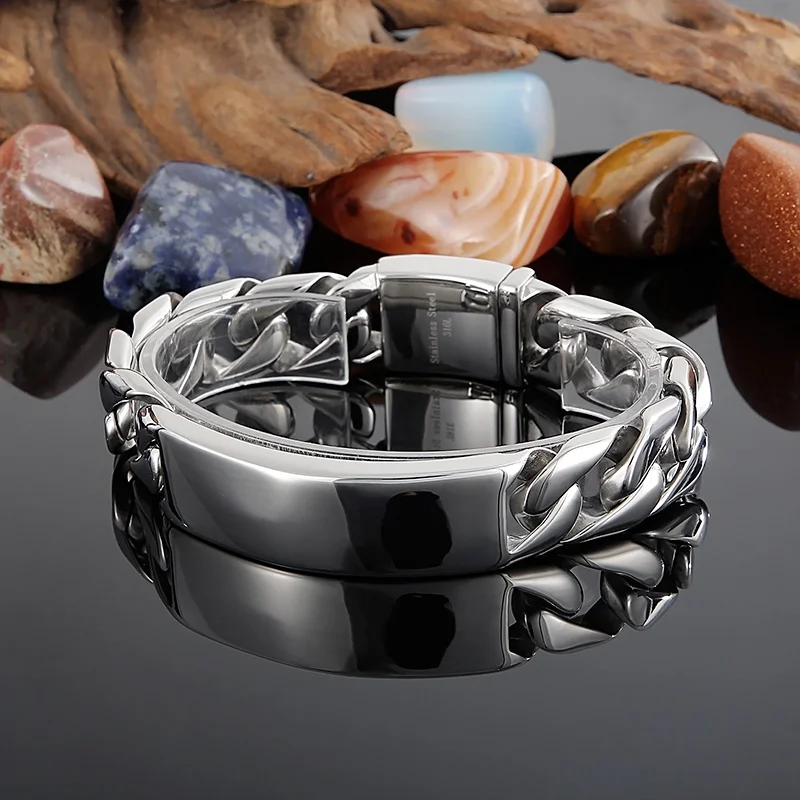 Fongten Quadrat Edelstahl Charm Armband für Männer Hip Hop kubanische Kette gebürstet Armreif Armbänder Schmuck Großhandel Weihnachten – Detail 6