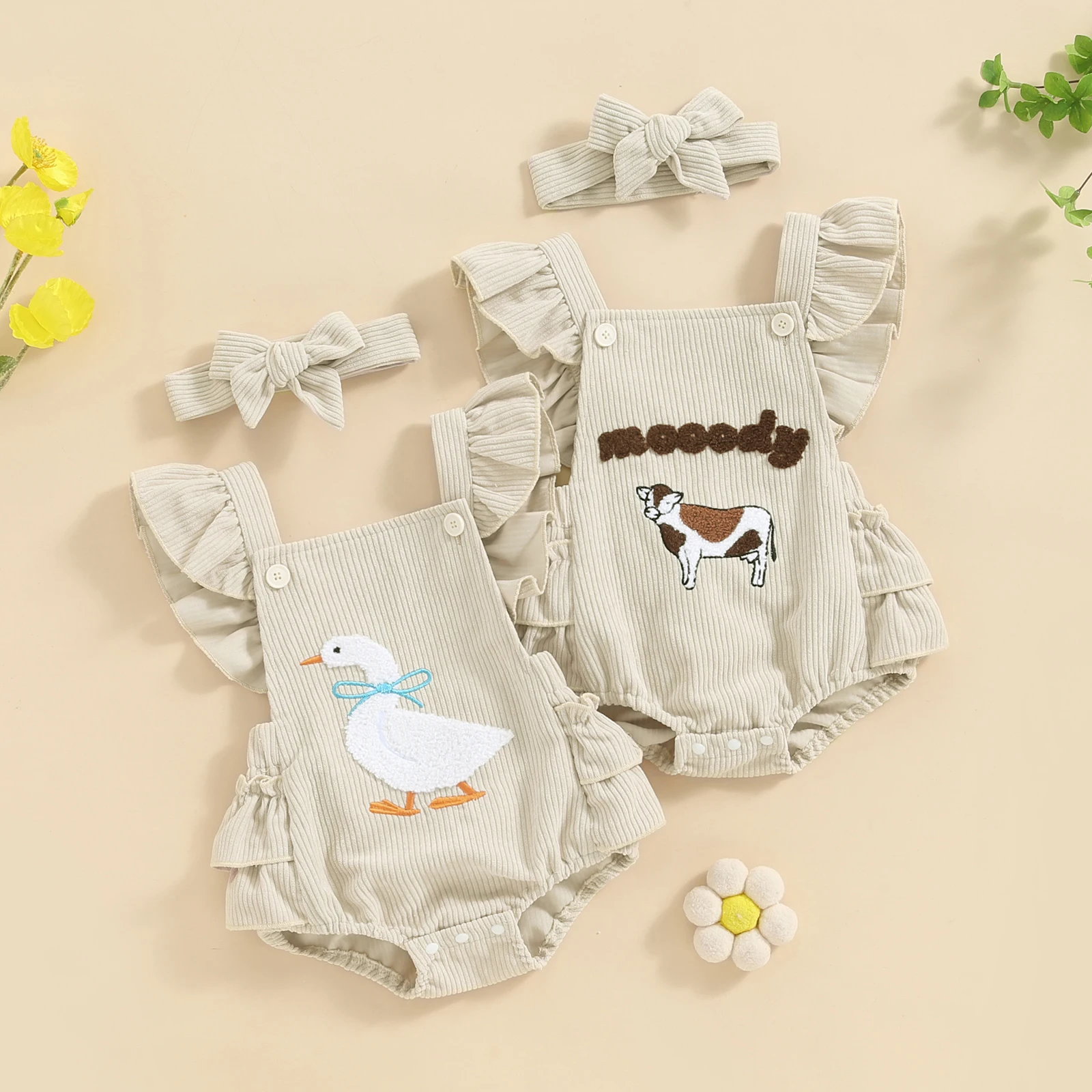 

2024-04-18 Lioraitiin Baby Girls Rompers Fuzzy Duck/Cow Embroidered Ruffles Fly Sleeve Bodysuits Summer Clothes with Headband