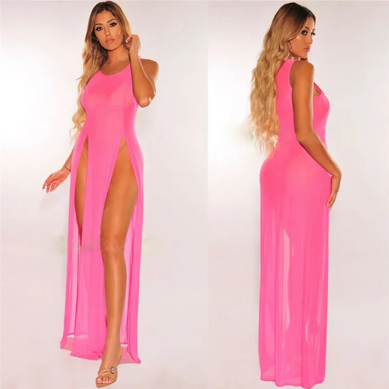 Sexy Womens Mesh Sheer Long Dress Ladies Bikini Cover Up Beach Sundress Solid See-through Long Dress Sleeveless Strap Dress 4