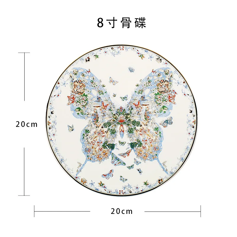 High bone China blue butterfly grammar tableware retro light luxury plate European home dining bowl spoon Western plate set