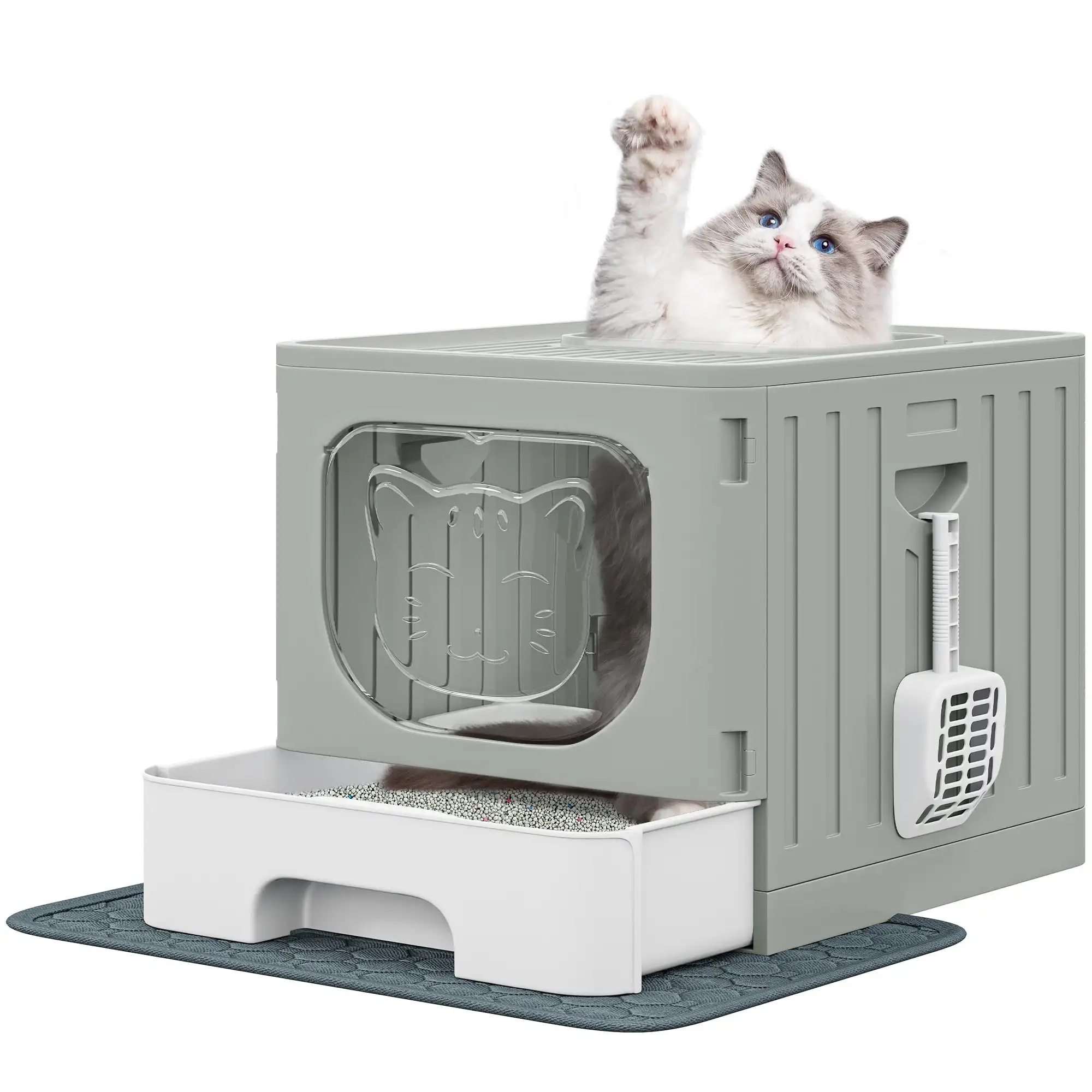 

Dextrus Large Enclosed Cat Litter Box with Cushion & Litter Scoop,Front Entry Top Exit Door,Cat Self-Grooming Deodorizer