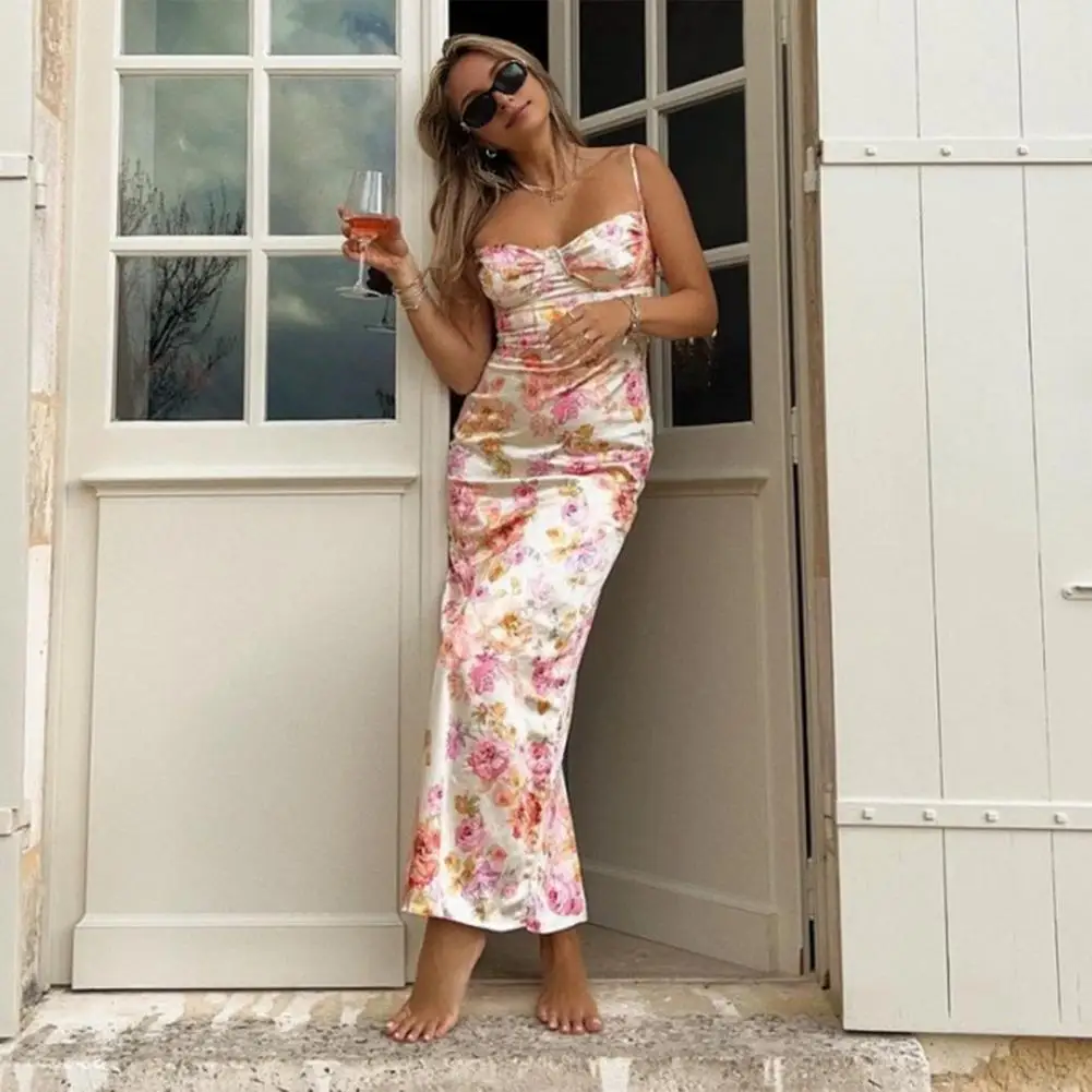 Prints Dress Flower Print Backless Party Dress Slim-fitting Suspender Style Sling Dress Sexy Sleeveless Hip Wrapped Long