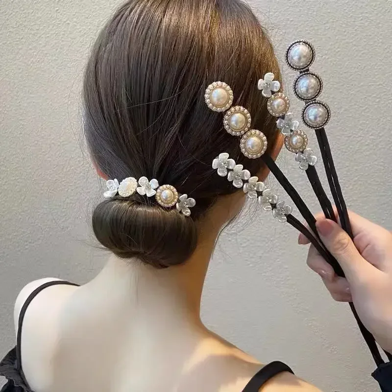 Korean Lazy Hair Curler Styling Accessories Women's Elegant Pearl Flower Hairpin Bun Maker Hair Hairgrip Braiding Tools