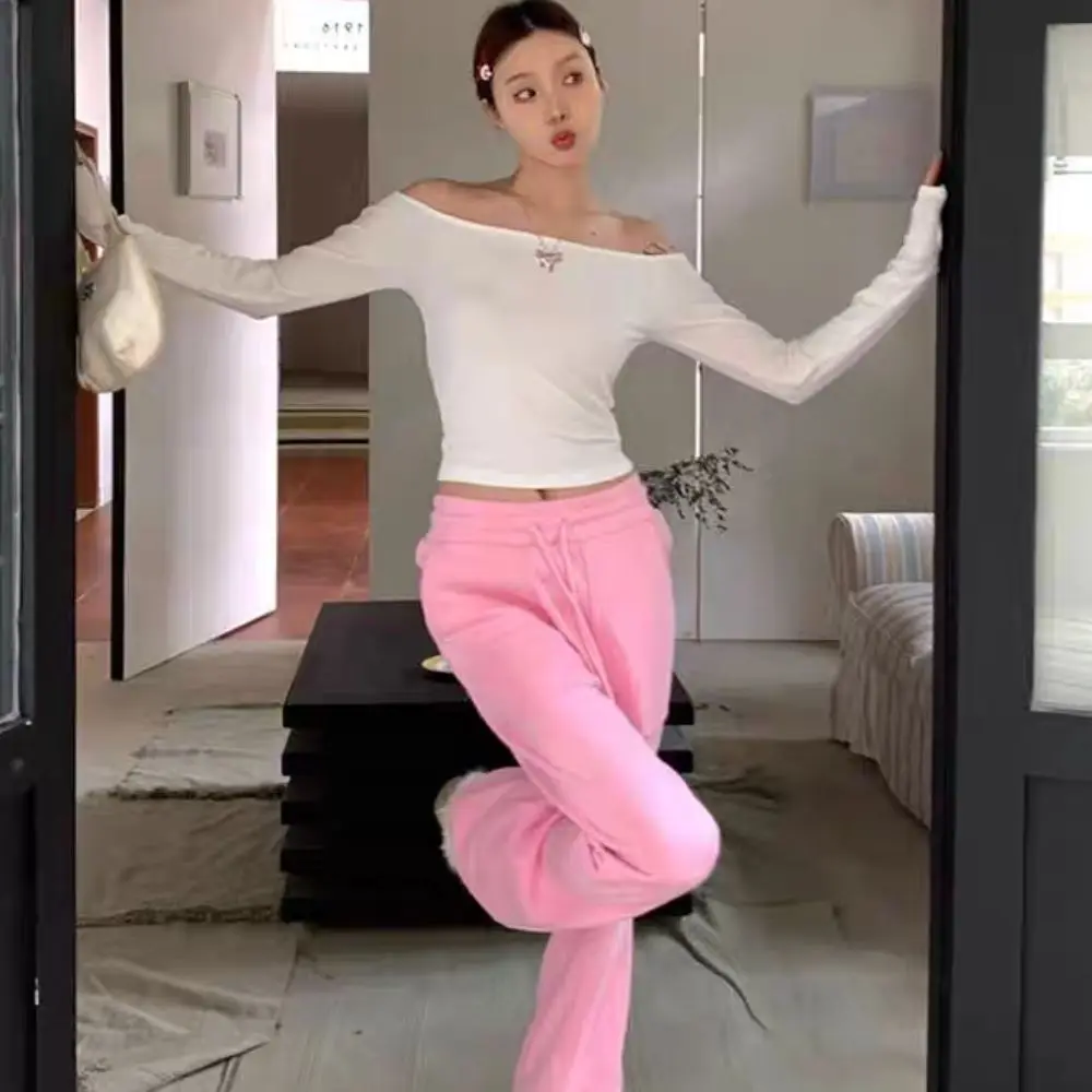 Fashion Rhinestone Bow Off Shoulder T-Shirt Solid Color Chic Long Sleeve T-Shirt Autumn Slim Fit Base Pullover Tops Spring