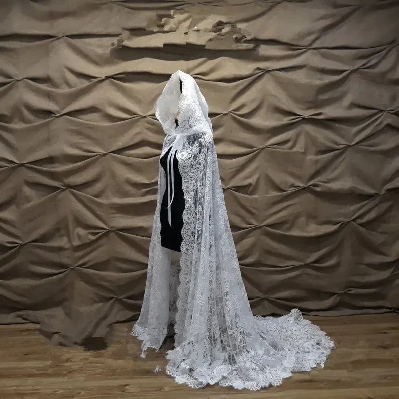 Wedding cape with hood Lace cape Wedding bridal cape Chapel veil mantilla church coat church cloak Lace Cape wedding shawl