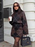 HH femmes mode tricoté simple boutonnage à manches longues col rond pull + été décontracté taille élastique solide Mini jupe ensemble Mujer 1