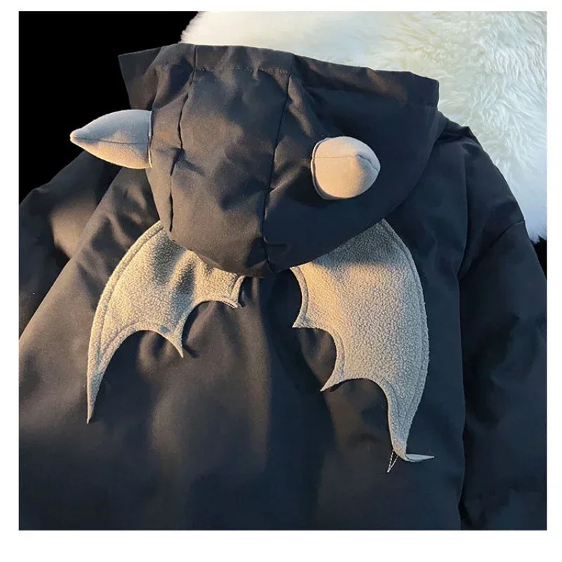 Winter New Cotton Jacket Devil Wing Embroidery Bread Jackets Men's Women's Vintage Harajuku Casual Loose Hooded Cotton-padded 2