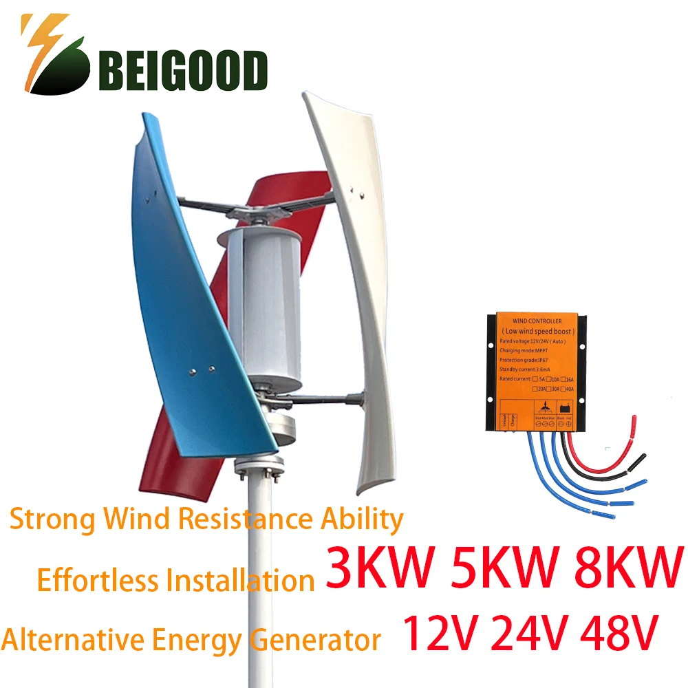 

5KW 8KW Vertical Axis Windmill 12v 24v 48v Wind Turbine 3Blades Permanent Maglev Generator With Mppt Charge Controller