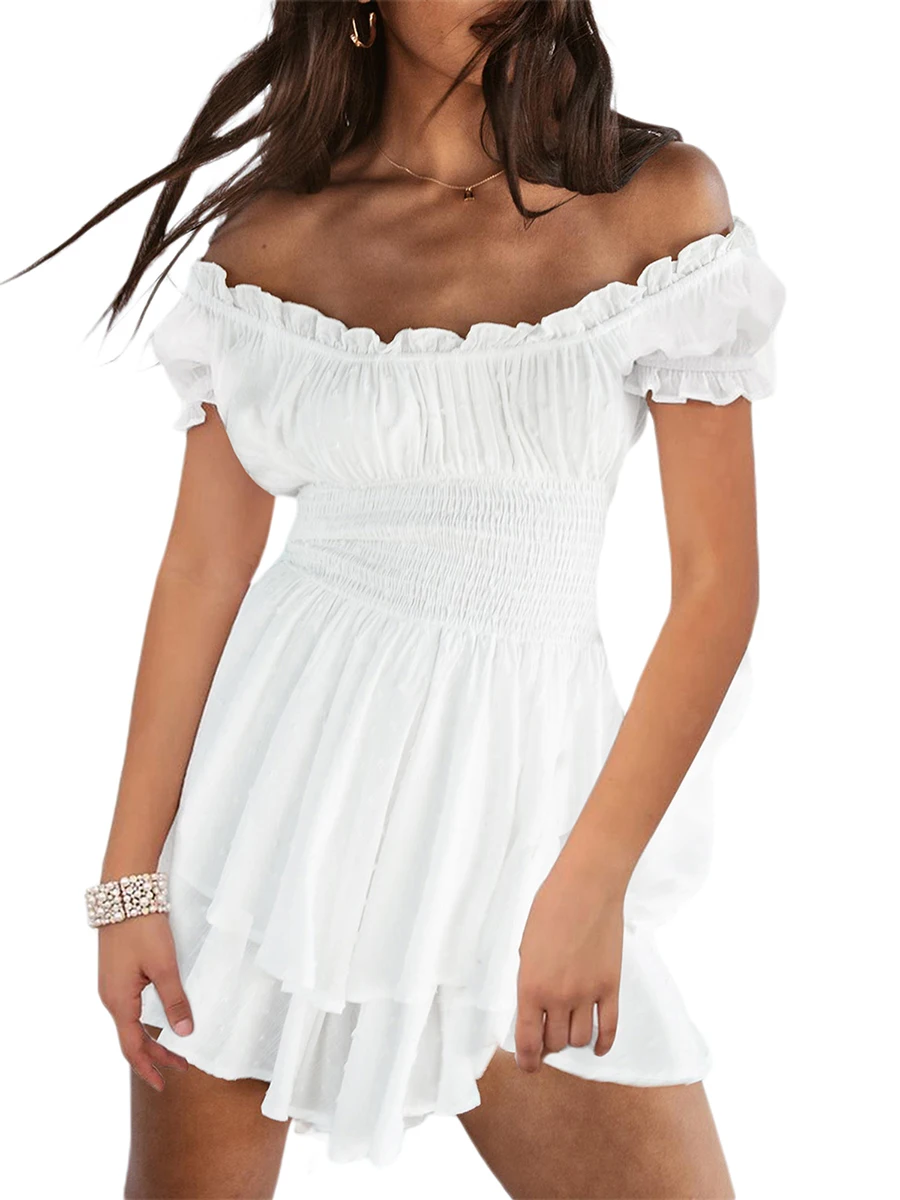 

Women s Y2K Square Neck Corset Ruched Mini Dress with Short Puff Sleeves Open Back and Shirred A-Line Flowy Skirt
