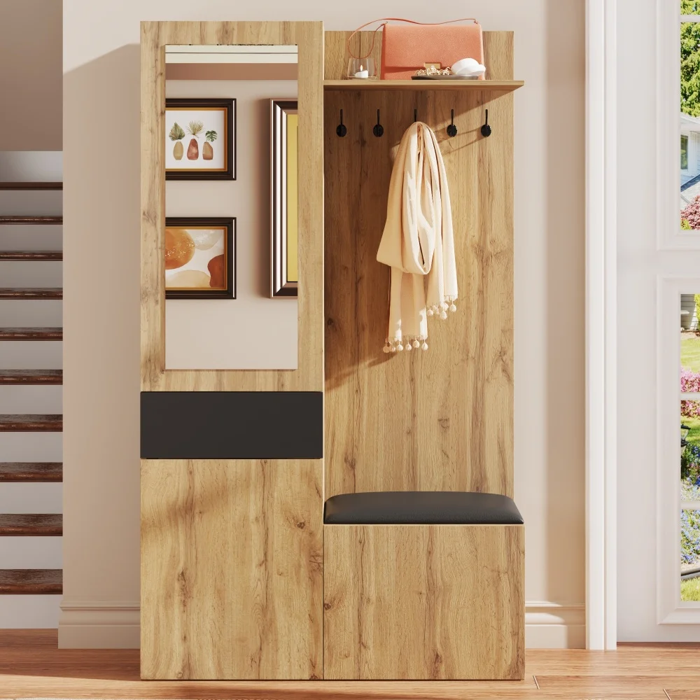 Perchero Con Zapatero Perchero Con Espejo Y Zapatero Boorbin - 180cm, Blanco Y Madera, Con Cajones Y Banco Juego Gancho Madera