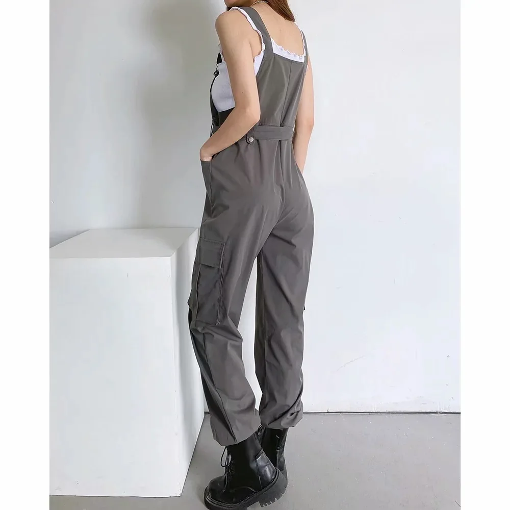Side Cargo Pocket Techwear High Waist Belt Jumpsuit Overalls