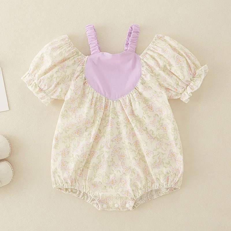 

Infant Girl Bodysuit Summer Korean Puff Short Sleeve Floral Print Patchwork Heart Muslin Newborn Girls Romper Baby Girl Jumpsuit