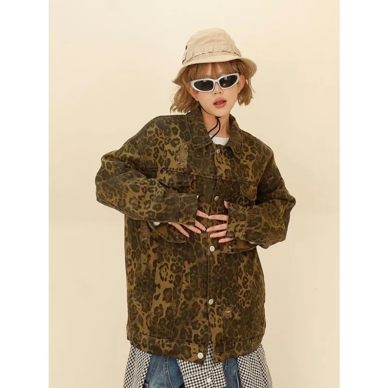 

Vintage Lapel Leopard Print Denim Jacket Women Loose Long Sleeve Single Breasted Coat Female Fashion Casual High Street Outwear