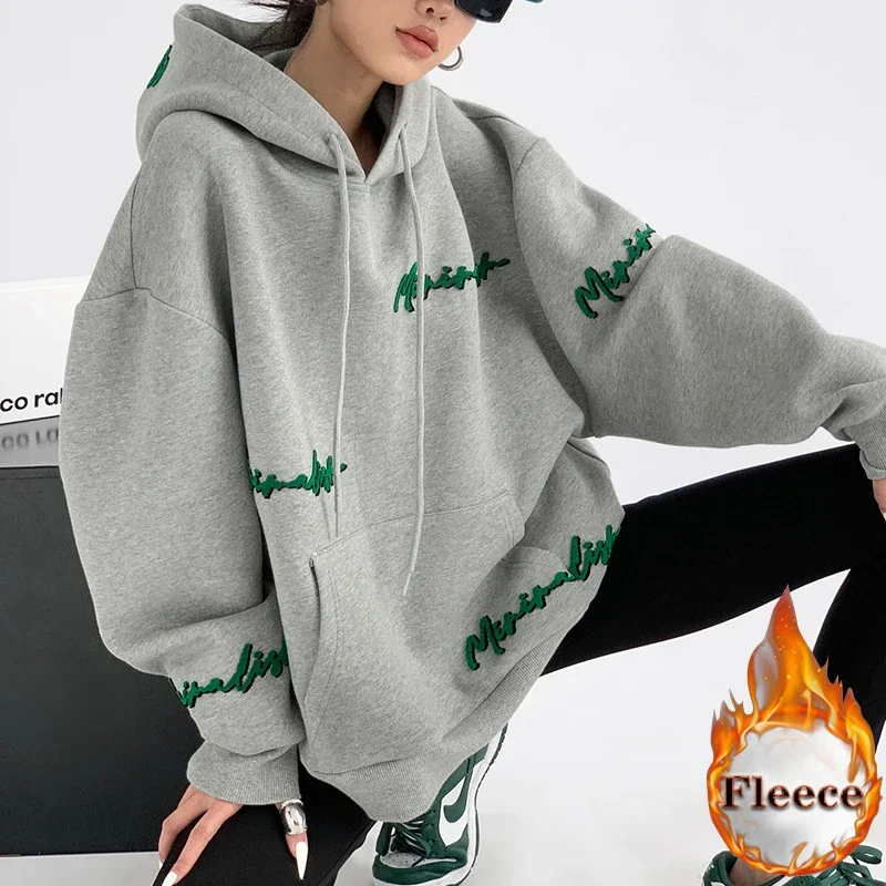 autumn winter fleece hooded Sweatshirt harajuku letter embroidery y2k hoodies women clothes Long Sleeve UNISEX oversized hoodie