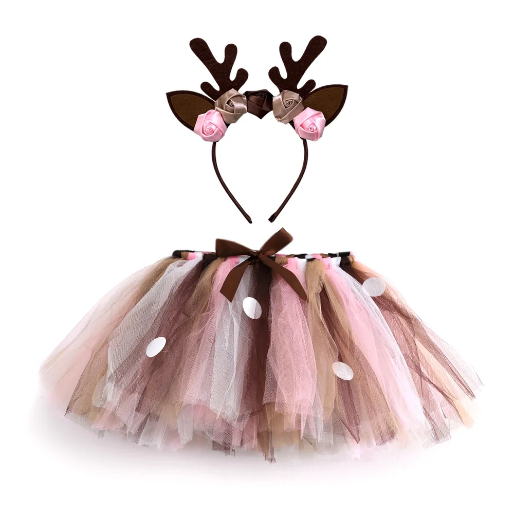 Girls Deer Tutu Skirt Fluffy Birthday Party Baby Girl Tutu Kids Dance Tulle Skirt Girls Christmas Deer Costume Antler Headband