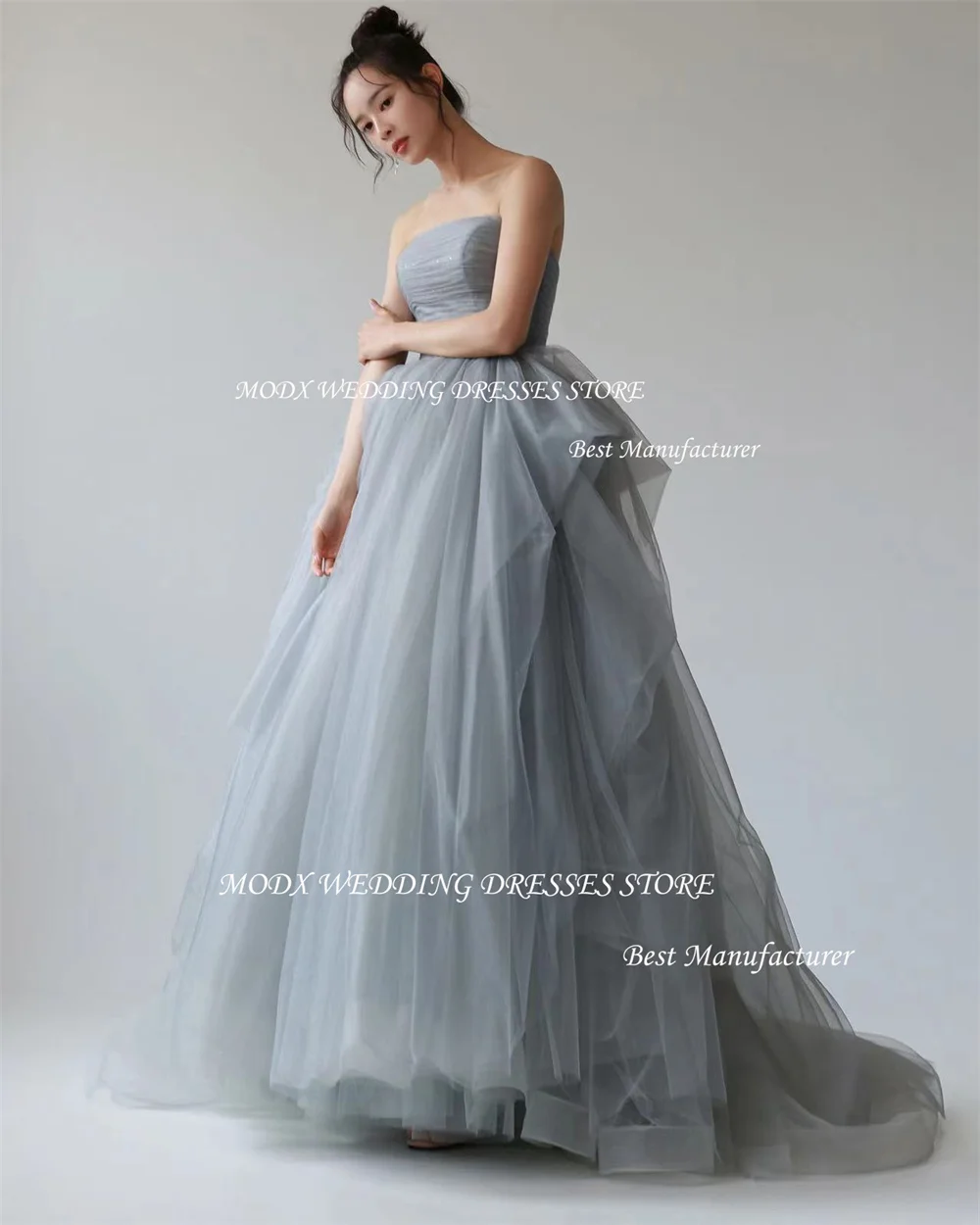 MODX Graceful Tulle Korea Wedding Dresses Photo Shoot Strapless A-Line Floor Length Pleat Princess Evening Party Gowns Corset