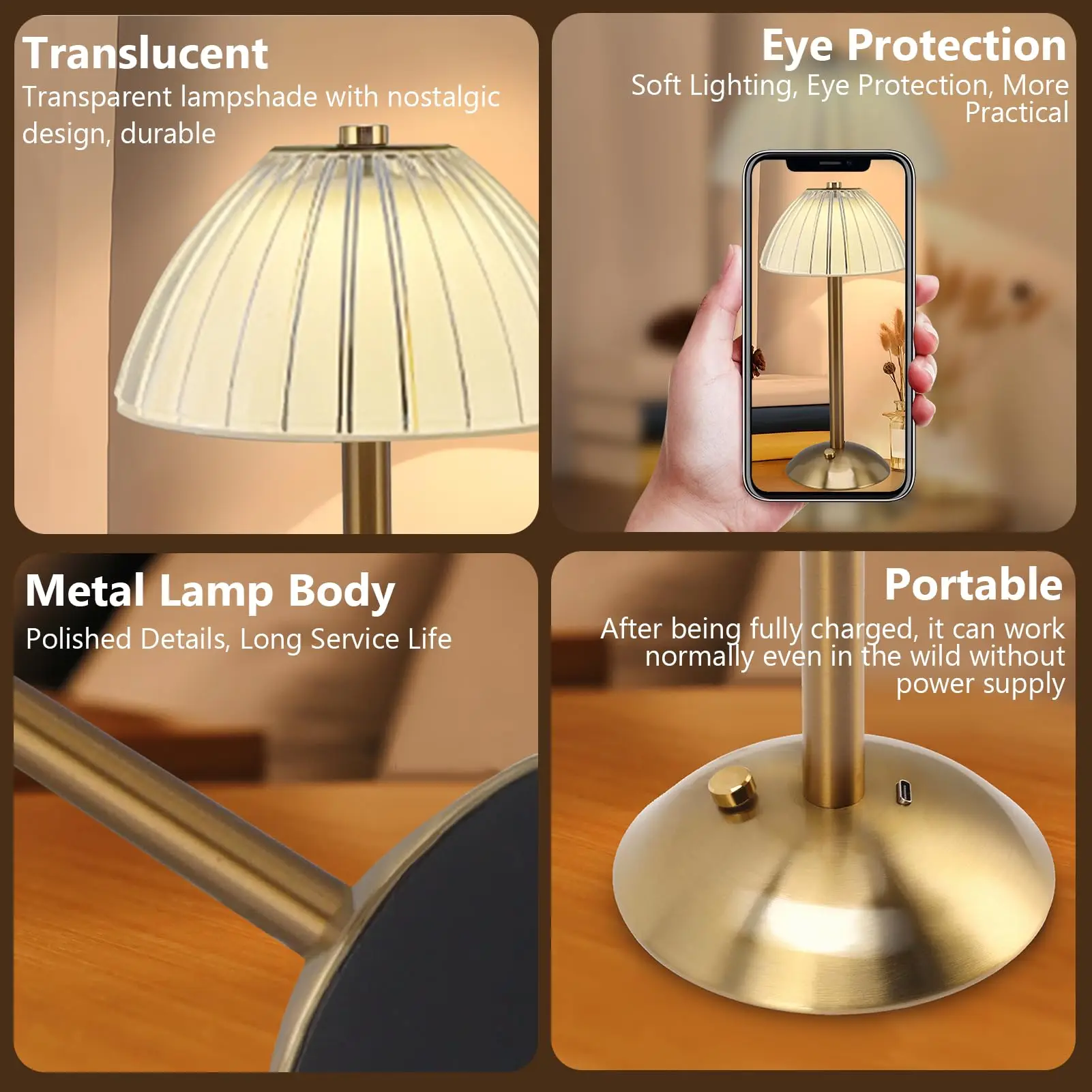 터치 센서가 있는 휴대용 LED 테이블 램프, 금색 무선 황동 충전식 램프, 침실/무드등/레스토랑 테이블/야외용