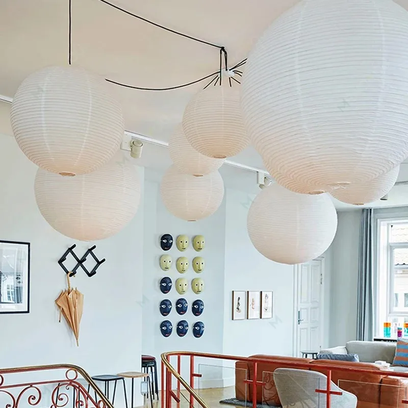 Nordic Wabi Sabi Wind Round Rice Paper Led Pendant Lights Living Dining Room Bedroom Loft Restaurant Bar Home Decor Chandelier 5