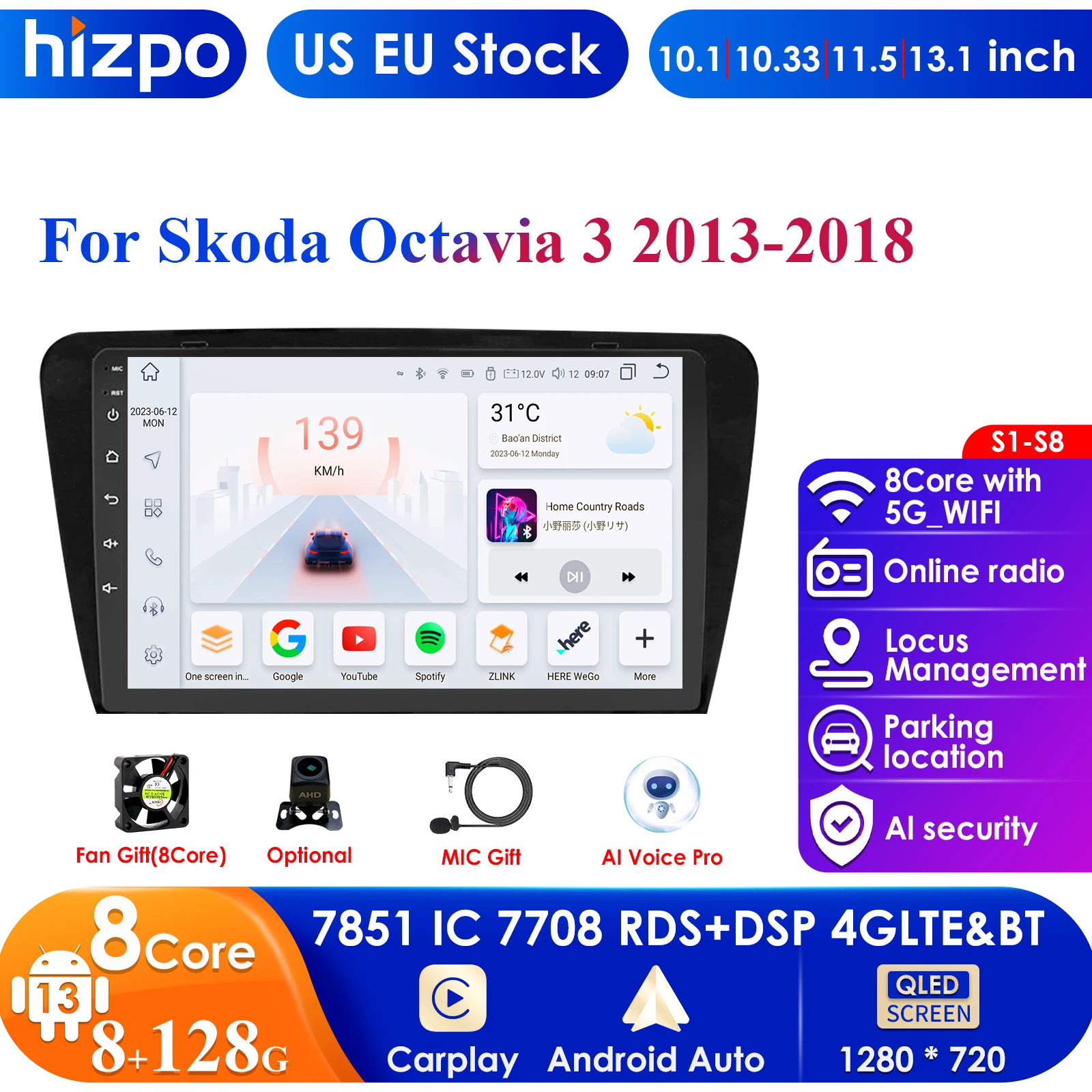 

AI Voice 2Din Android 13 Auto Radio for SKODA Octavia 3 A7 2013-2018 Carplay 4G Multimedia GPS Autoradio Car Intelligent Systems