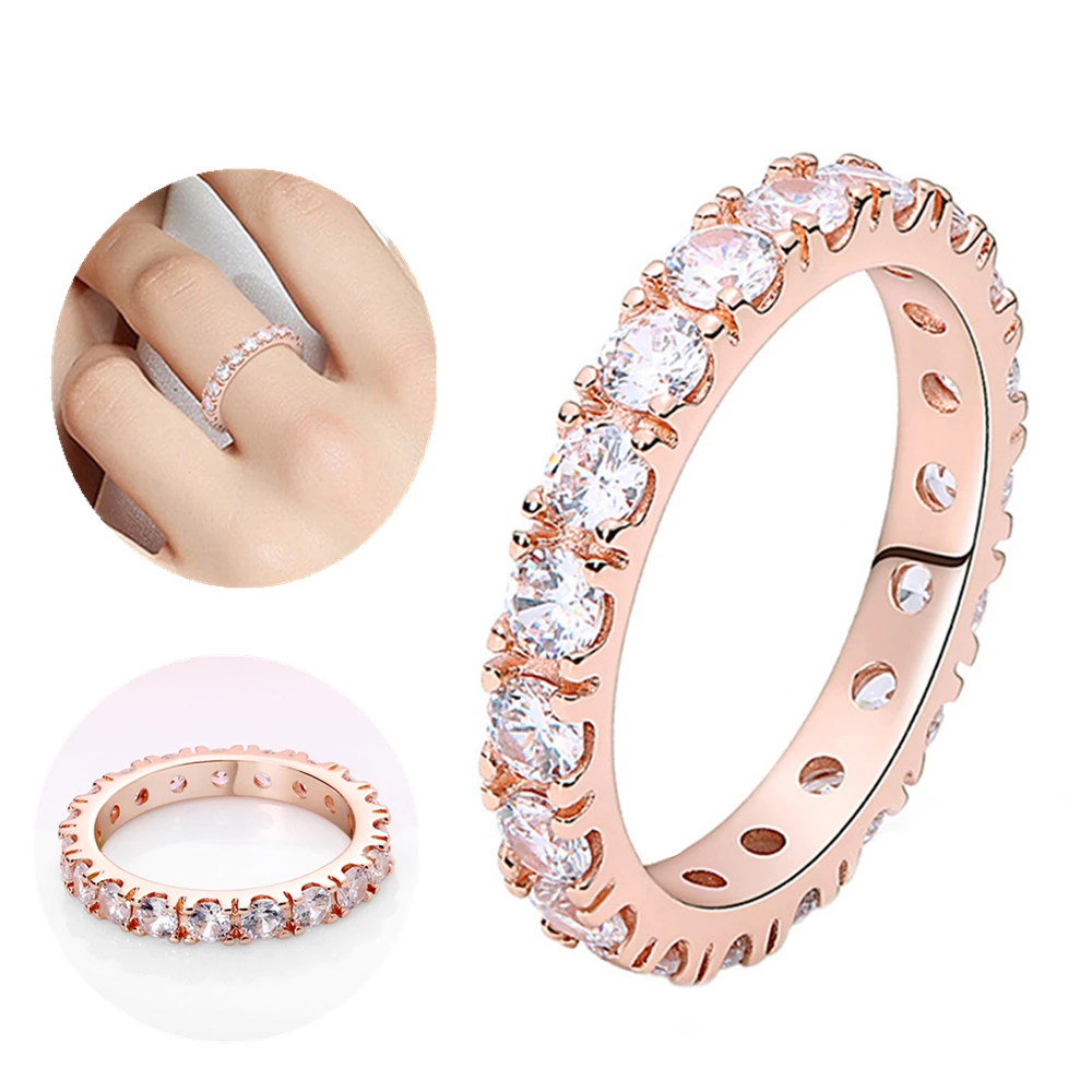 Silver Ring 925 Rose Gold Plated Zircon Sparkling Princess Wishbone Heart Women Jewelry