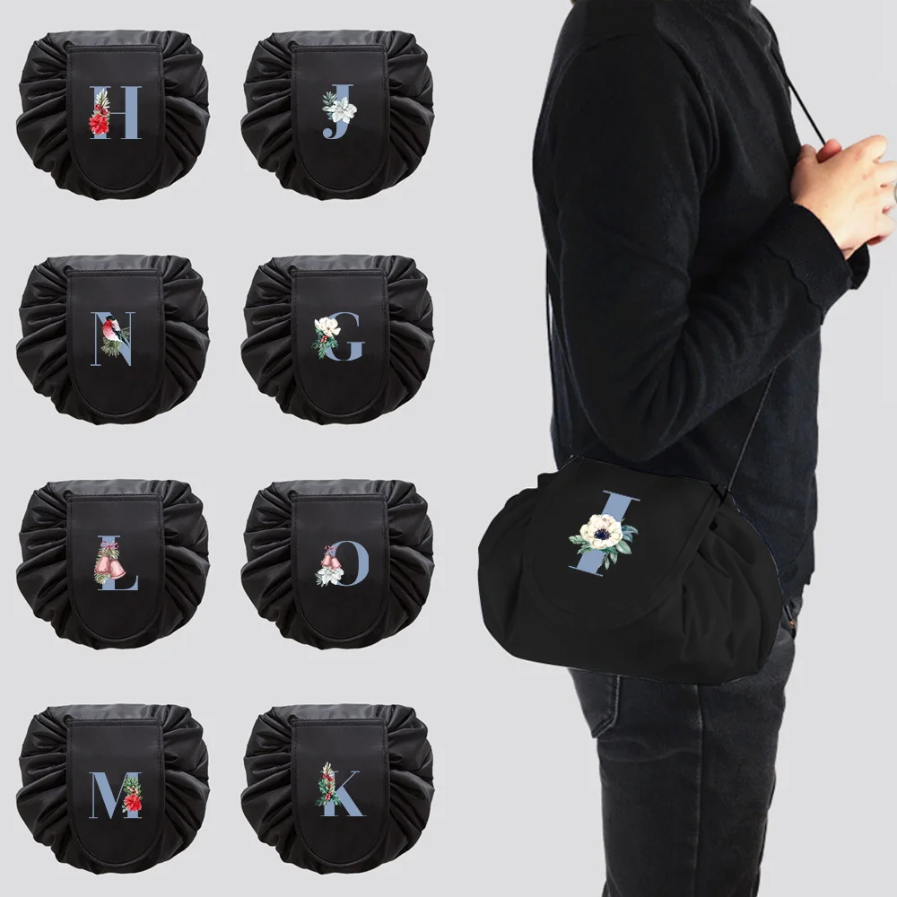 

Drawstring Cosmetic Bag Travel Storage Makeup Bag Blue Letter Print Organizer Make Up Pouch Women Portable Toiletry Beauty Case