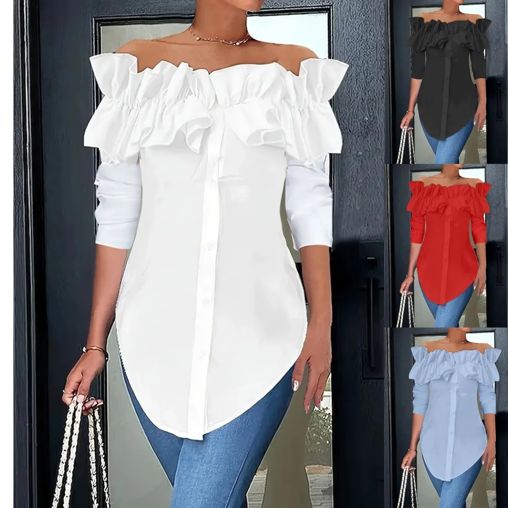 Women Long Sleeve Ruffle Button Blouse