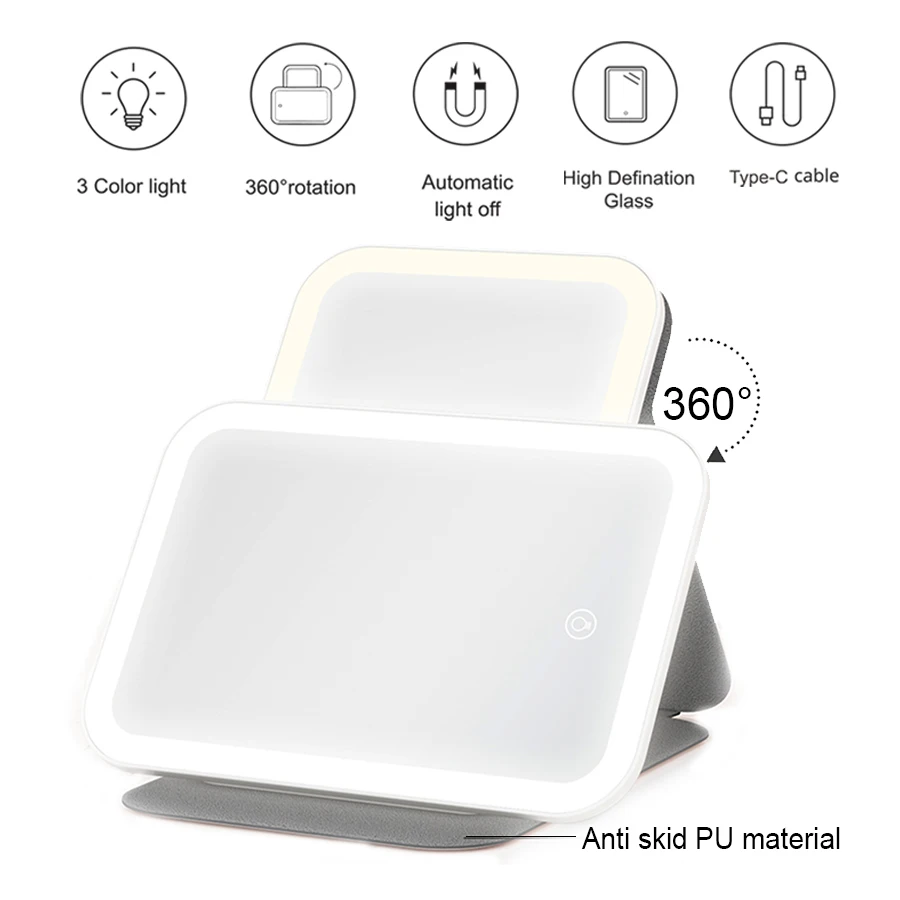 USB Led Makeup Mirrors With Lights Pink 360 Portable Foldable Smart Travel Facial Make Up Tabletop Mirror Cosmetic Vanity Miroir_voghion.com
