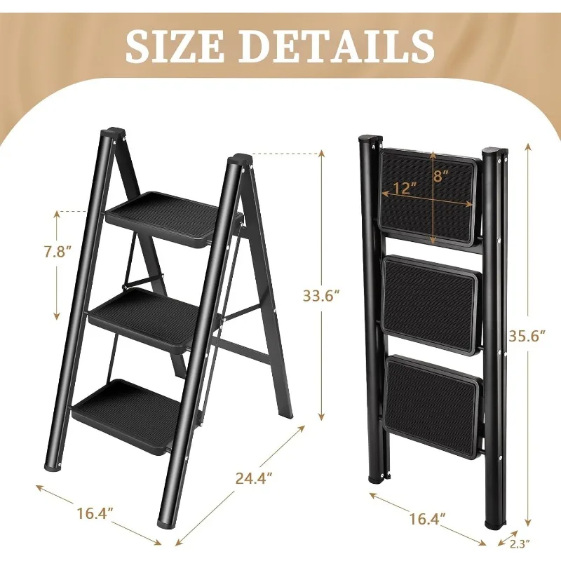 Folding 3 Step Ladder, 330 Lbs Capacity Step Stool for Adults, with Anti-Slip Wide Pedals Household Office, Gold